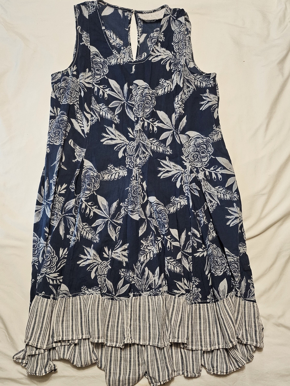 Cino Blue Sleeveless Floral High Low Resort Nautical Beach Coastal Cotton Dress - Picture 2 of 8